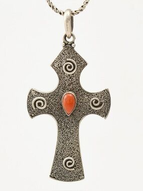 Vintage Sterling Silver Coral Cross Pendant Necklace with Granulation and Spiral